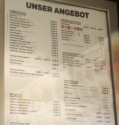 Fast food in Berlin in Germany, Prices in McDonalds